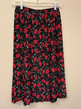 Leslie Fay Vintage 90s Black Red Floral Midi Skirt Elastic Waist Size 8 Petite